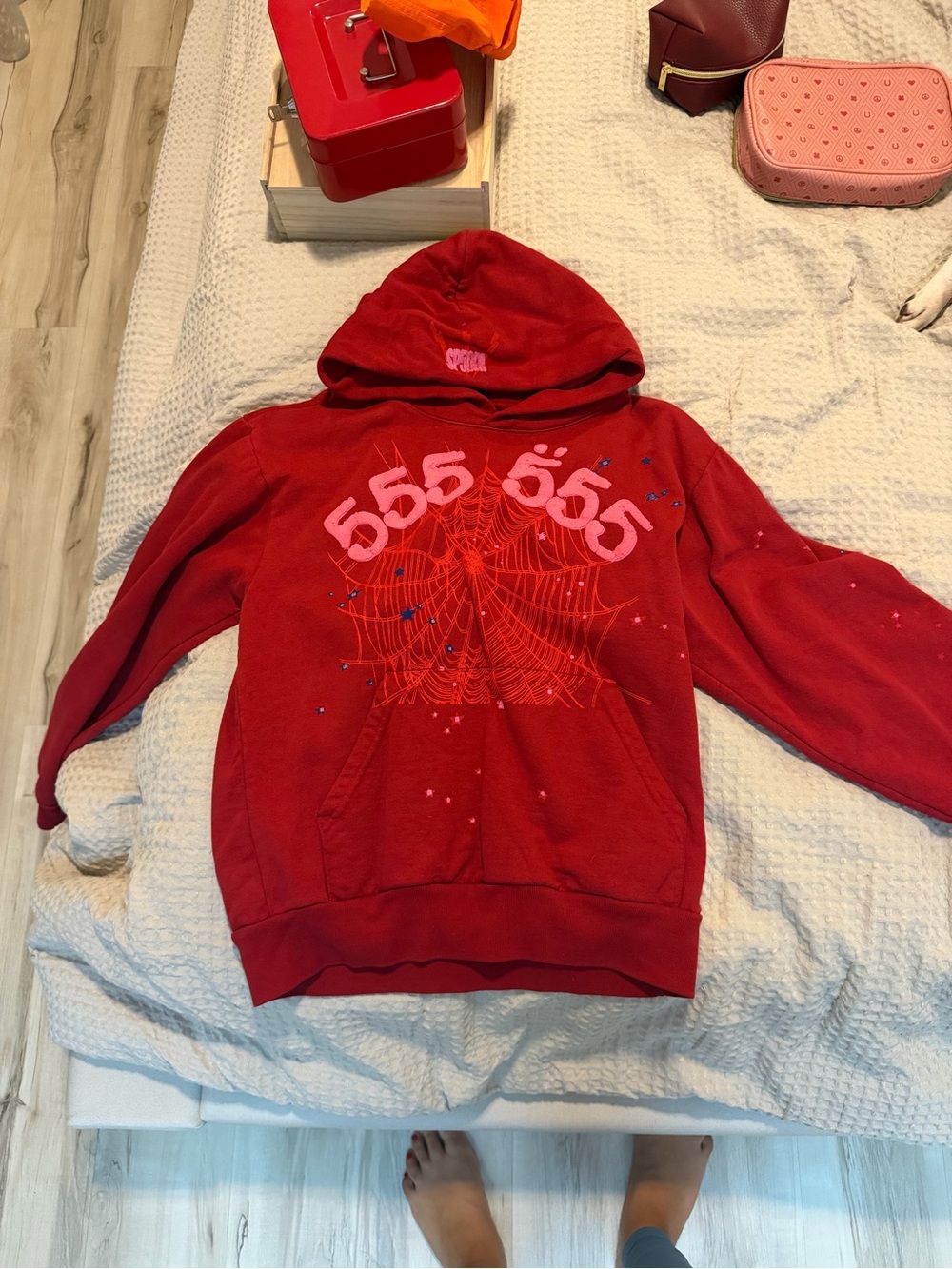 Red Graphic Hoodie with Spiderweb and '555' Print